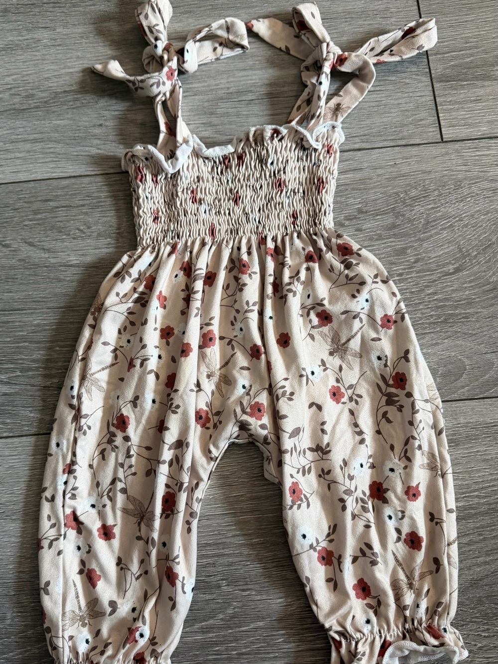 Floral Smocked Strap Romper for Kids - Cream with Pink Flowers